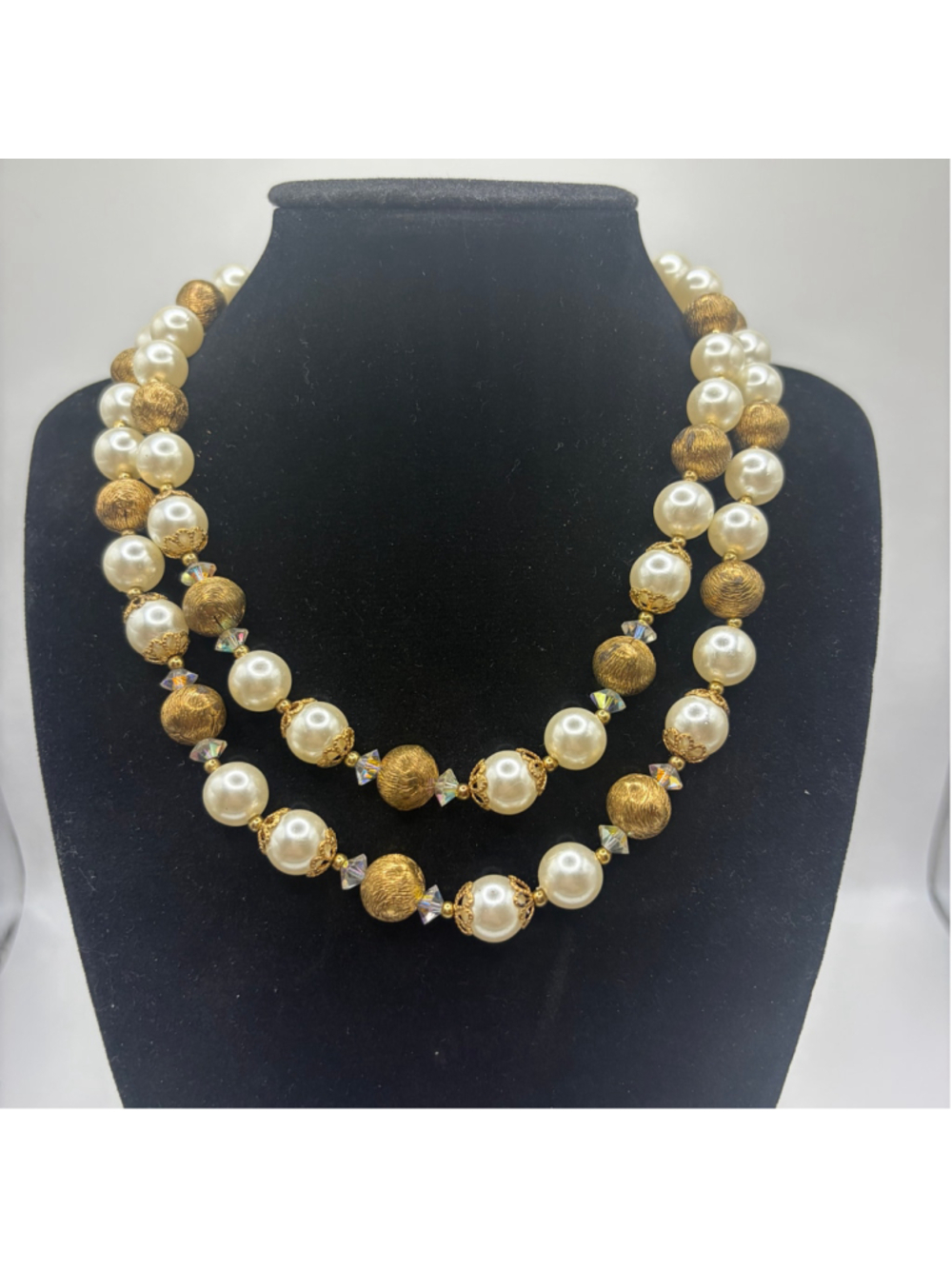 Vintage Signed Lisner Double Strand Faux Pearl Gold Tone Bead Necklace